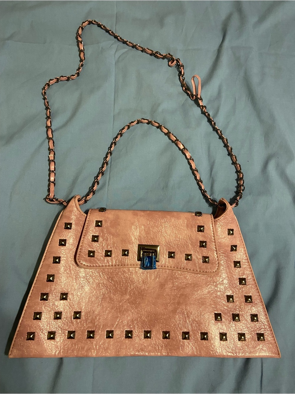 Studded Pink Leather Crossbody Bag with Chain Strap